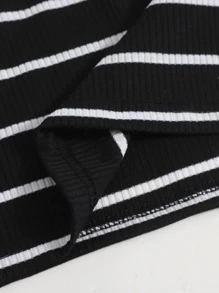 SHEIN Essnce de cuello cisne tejido de canalé de rayas Top tank & Set falda - Negro - Ver 5