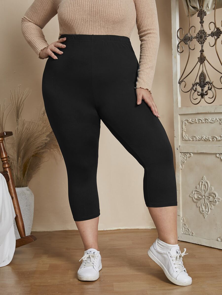 EMERY ROSE Plus Solid Elastic Waist Leggings,Spring/Summer/Vacation - Black - View 1