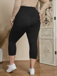 EMERY ROSE Plus Solid Elastic Waist Leggings,Spring/Summer/Vacation - Black - View 2