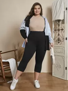 EMERY ROSE Plus Solid Elastic Waist Leggings,Spring/Summer/Vacation - Black - View 3