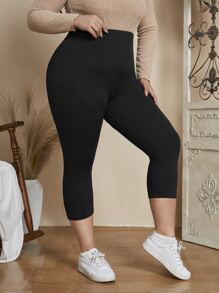 EMERY ROSE Plus Solid Elastic Waist Leggings,Spring/Summer/Vacation - Black - View 4
