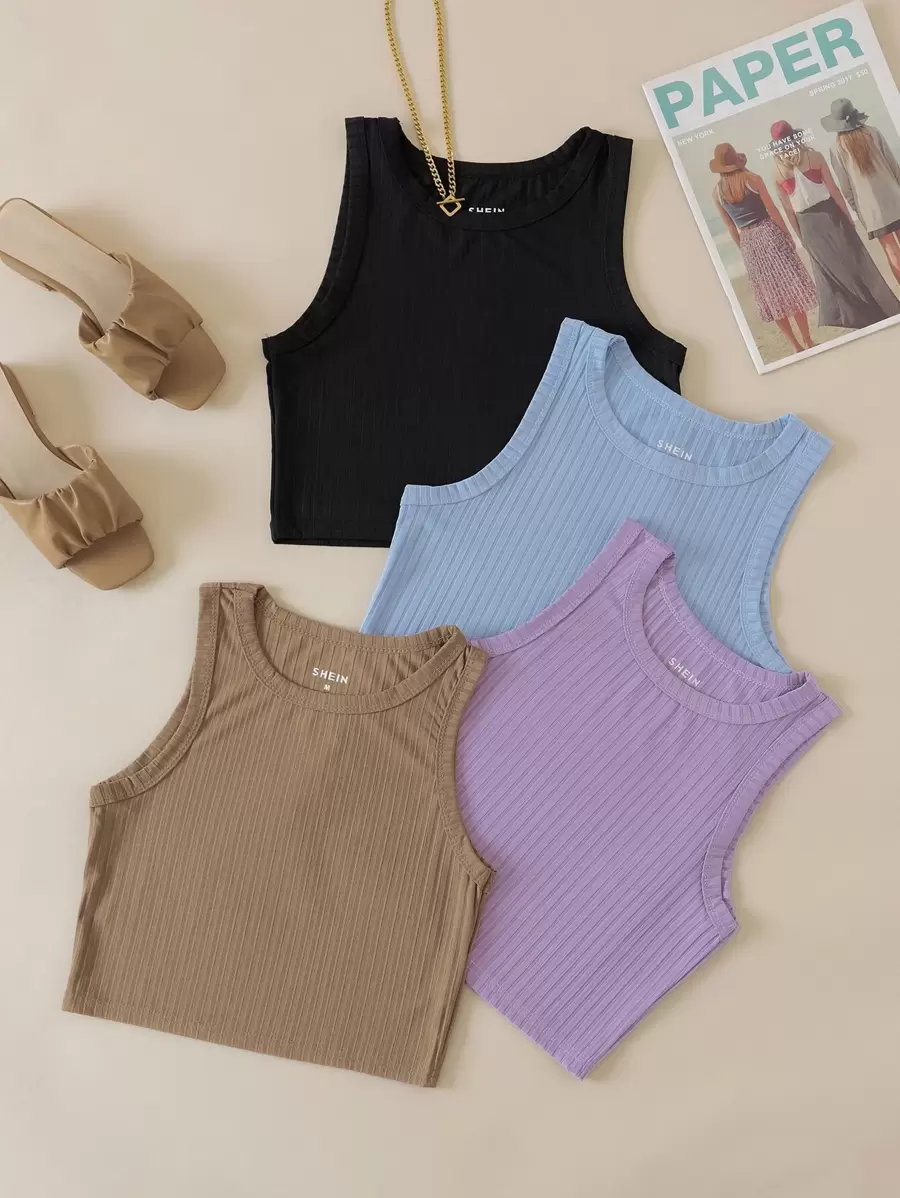 SHEIN EZwear Áo hai dây Gân đan màu trơn Giải trí - Nhiều màu - Xem 1