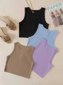 SHEIN EZwear Áo hai dây Gân đan màu trơn Giải trí - Nhiều màu - Xem 2