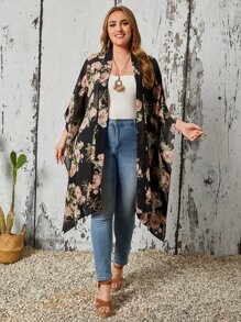 EMERY ROSE Plus Allover Floral Print Batwing Sleeve Chiffon Kimono - Multicolor - View 1