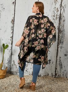 EMERY ROSE Plus Allover Floral Print Batwing Sleeve Chiffon Kimono - Multicolor - View 2