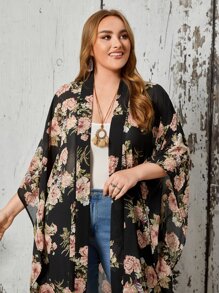 EMERY ROSE Plus Allover Floral Print Batwing Sleeve Chiffon Kimono - Multicolor - View 3