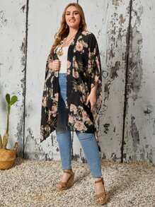 EMERY ROSE Plus Allover Floral Print Batwing Sleeve Chiffon Kimono - Multicolor - View 4