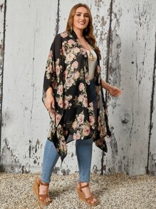 EMERY ROSE Plus Allover Floral Print Batwing Sleeve Chiffon Kimono - Multicolor - View 5