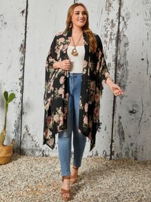 EMERY ROSE Plus Allover Floral Print Batwing Sleeve Chiffon Kimono - Multicolor - View 6