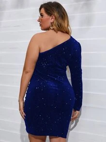 Allurite Plus One Shoulder Tulip Hem Velvet Bodycon Dress - Royal Blue - View 2