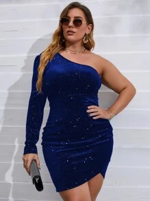 Allurite Plus One Shoulder Tulip Hem Velvet Bodycon Dress - Royal Blue - View 5