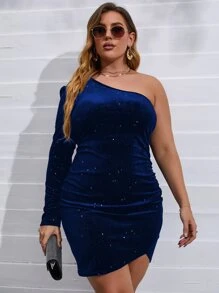 Allurite Plus One Shoulder Tulip Hem Velvet Bodycon Dress - Royal Blue - View 6