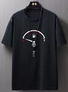 Manfinity Homme Camisetas de hombre con cuello redondo ajustado, manga corta, estampado gráfico y fabricado en poliéster para el verano. - Negro - Ver 1