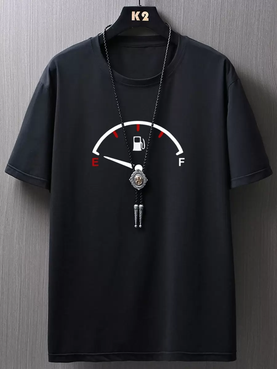 Manfinity Homme Camisetas de hombre con cuello redondo ajustado, manga corta, estampado gráfico y fabricado en poliéster para el verano. - Negro - Ver 1