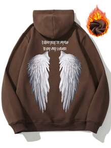 Manfinity Men Wings And Slogan Graphic Drawstring Thermal Lined Hoodie - Chocolate Brown - View 1