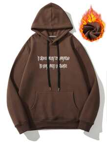 Manfinity Men Wings And Slogan Graphic Drawstring Thermal Lined Hoodie - Chocolate Brown - View 2