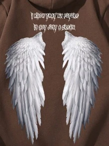 Manfinity Men Wings And Slogan Graphic Drawstring Thermal Lined Hoodie - Chocolate Brown - View 6