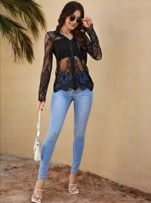 SHEIN Privé Áo sơ mi mỏng Ren Vạt váy nút - màu đen - Xem 5