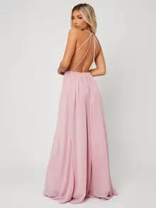 SHEIN Belle Bridesmaid Dresses Backless Criss Cross Split Thigh Plain Glamor - Baby Pink - View 3