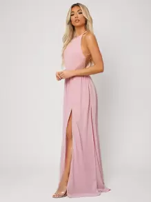 SHEIN Belle Bridesmaid Dresses Backless Criss Cross Split Thigh Plain Glamor - Baby Pink - View 4
