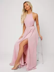 SHEIN Belle Bridesmaid Dresses Backless Criss Cross Split Thigh Plain Glamor - Baby Pink - View 6
