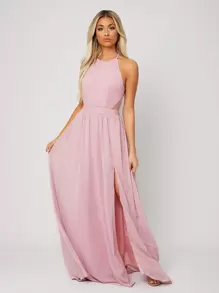 SHEIN Belle Bridesmaid Dresses Backless Criss Cross Split Thigh Plain Glamor - Baby Pink - View 7