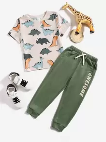 SHEIN Toddler Boys Dinosaur Print Top & Letter Graphic Joggers