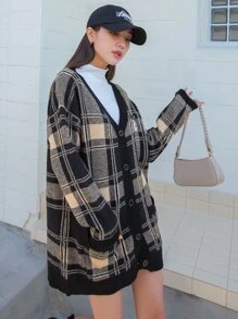 DAZY 格纹落肩贴花开衫外套 秋冬 - 彩色 - 查看 4