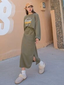 DAZY Slogan Graphic Drop Shoulder Pullover & Split Hem Skirt