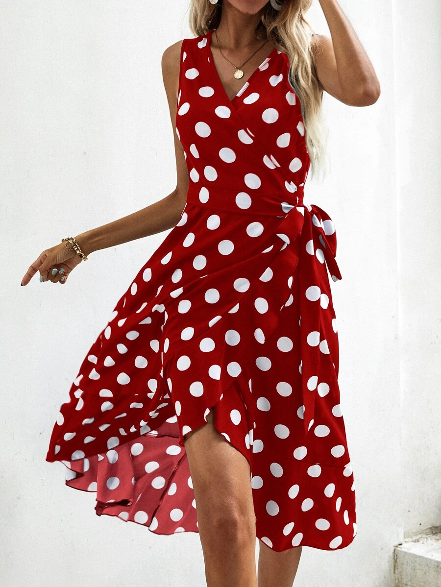 Chiquease Polka Dot Knot Side Wrap Dress - Red and White - View 1