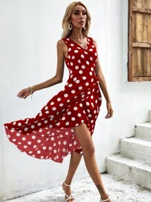 Chiquease Polka Dot Knot Side Wrap Dress - Red and White - View 4