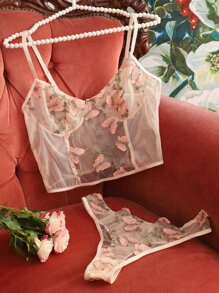 Plus Butterfly Embroidery Sheer Mesh Lingerie Set - Multicolor - View 1