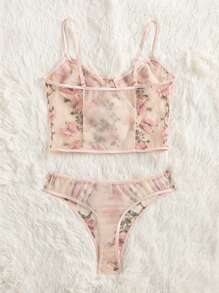 Plus Butterfly Embroidery Sheer Mesh Lingerie Set - Multicolor - View 2