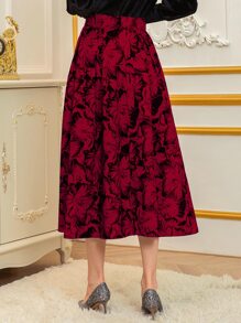 Modelyn Chân váy xếp ly cạp cao họa tiết hoa màu đỏ tía - Màu Đỏ Sâu - Xem 2