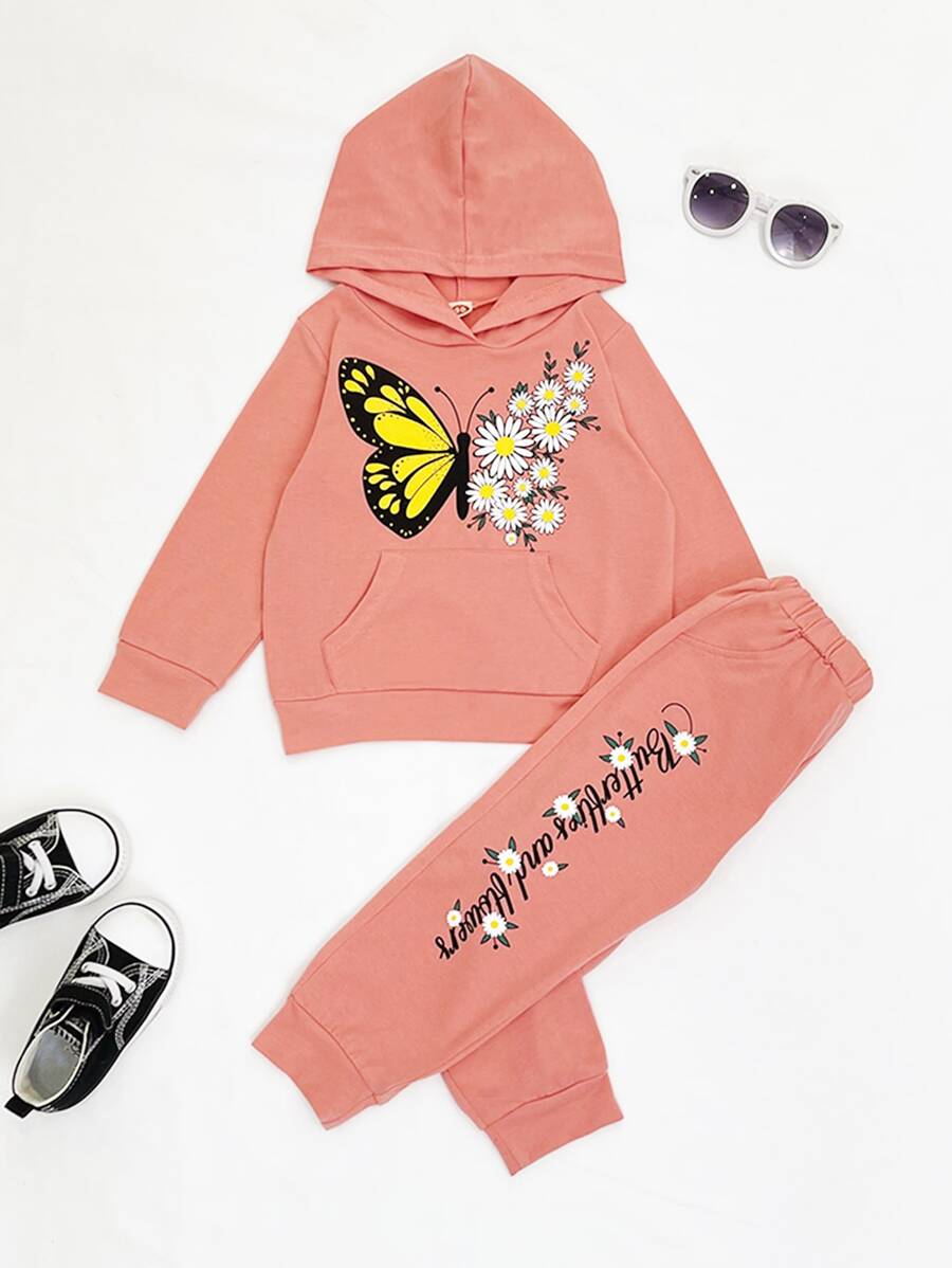 小女童蝴蝶和印花連帽衫和字母圖案衛褲 - 珊瑚粉 - 查看 1