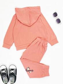 小女童蝴蝶和印花連帽衫和字母圖案衛褲 - 珊瑚粉 - 查看 2