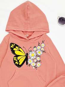 小女童蝴蝶和印花連帽衫和字母圖案衛褲 - 珊瑚粉 - 查看 4