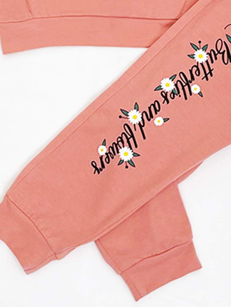 小女童蝴蝶和印花連帽衫和字母圖案衛褲 - 珊瑚粉 - 查看 5