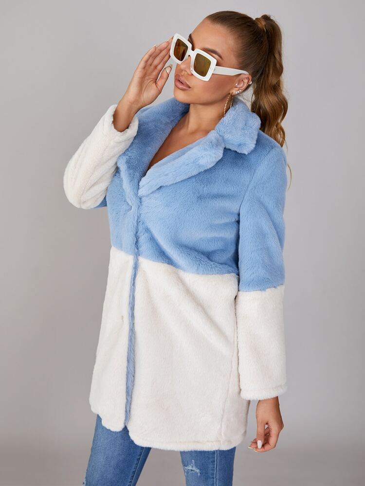 SHEIN Colorblock Panel Open Front Fuzzy Coat - Blue and White - View 3