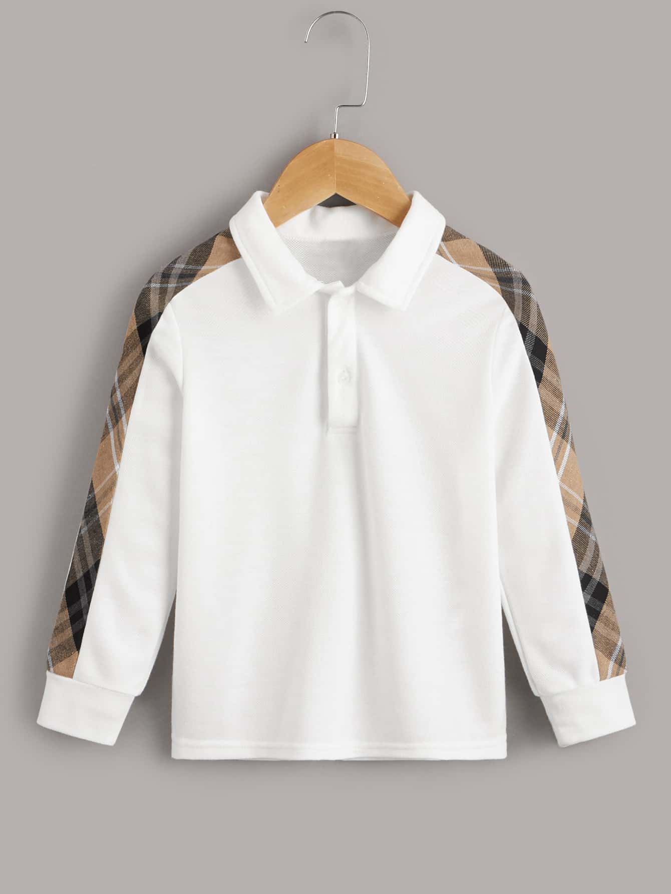 SHEIN 适合年轻男孩的简约领短袖休闲时尚格子拼布 Polo 衫 - 白色 - 查看 1