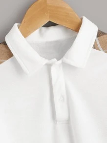 SHEIN 适合年轻男孩的简约领短袖休闲时尚格子拼布 Polo 衫 - 白色 - 查看 4