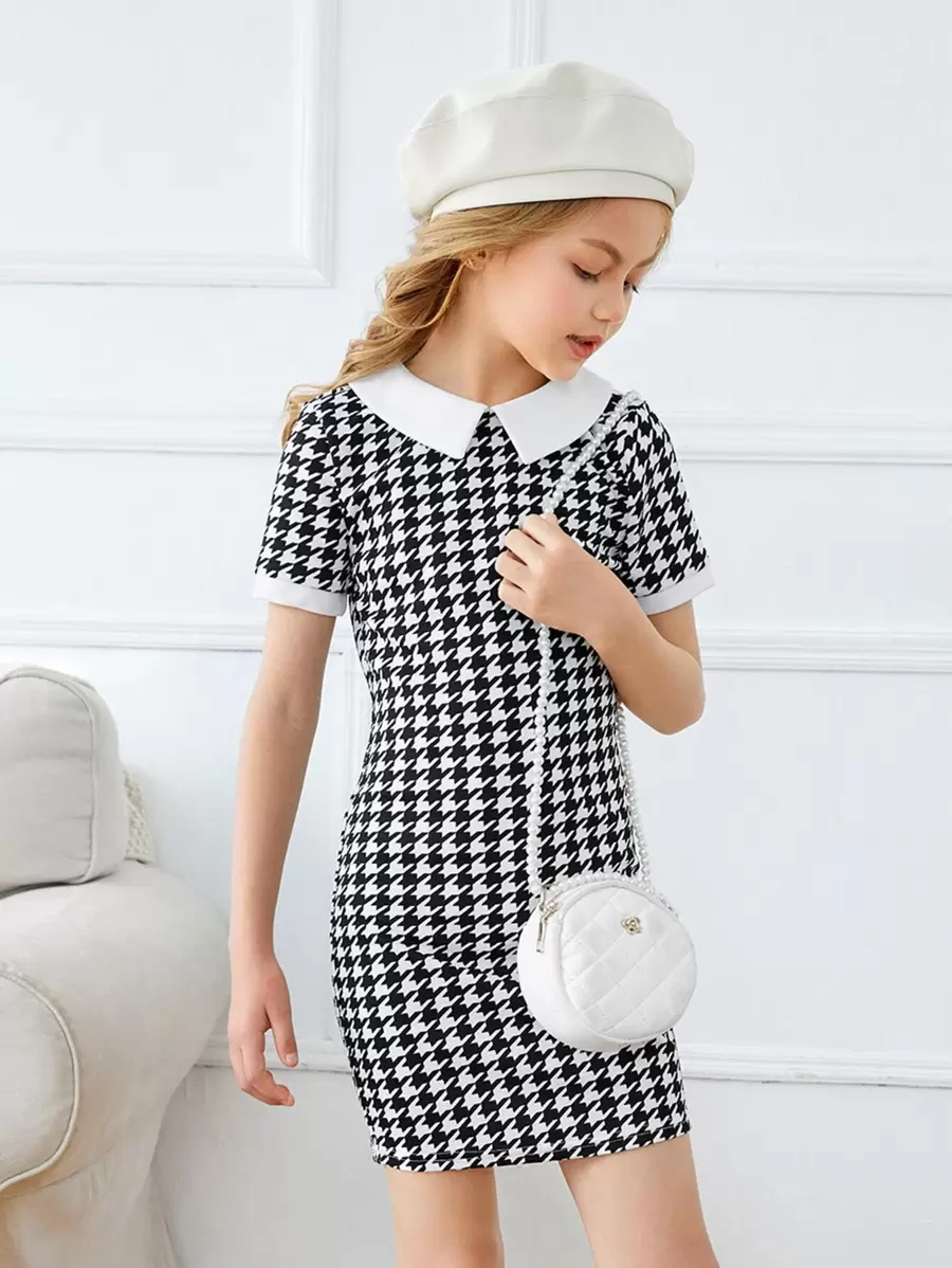 SHEIN Leap Crew Tween Girl Keyhole Back Houndstooth Print Fitted Dress - Black and White - View 1