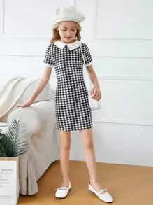 SHEIN Leap Crew Tween Girl Keyhole Back Houndstooth Print Fitted Dress - Black and White - View 5