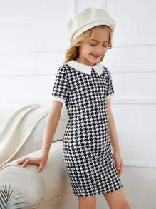 SHEIN Leap Crew Tween Girl Keyhole Back Houndstooth Print Fitted Dress - Black and White - View 6