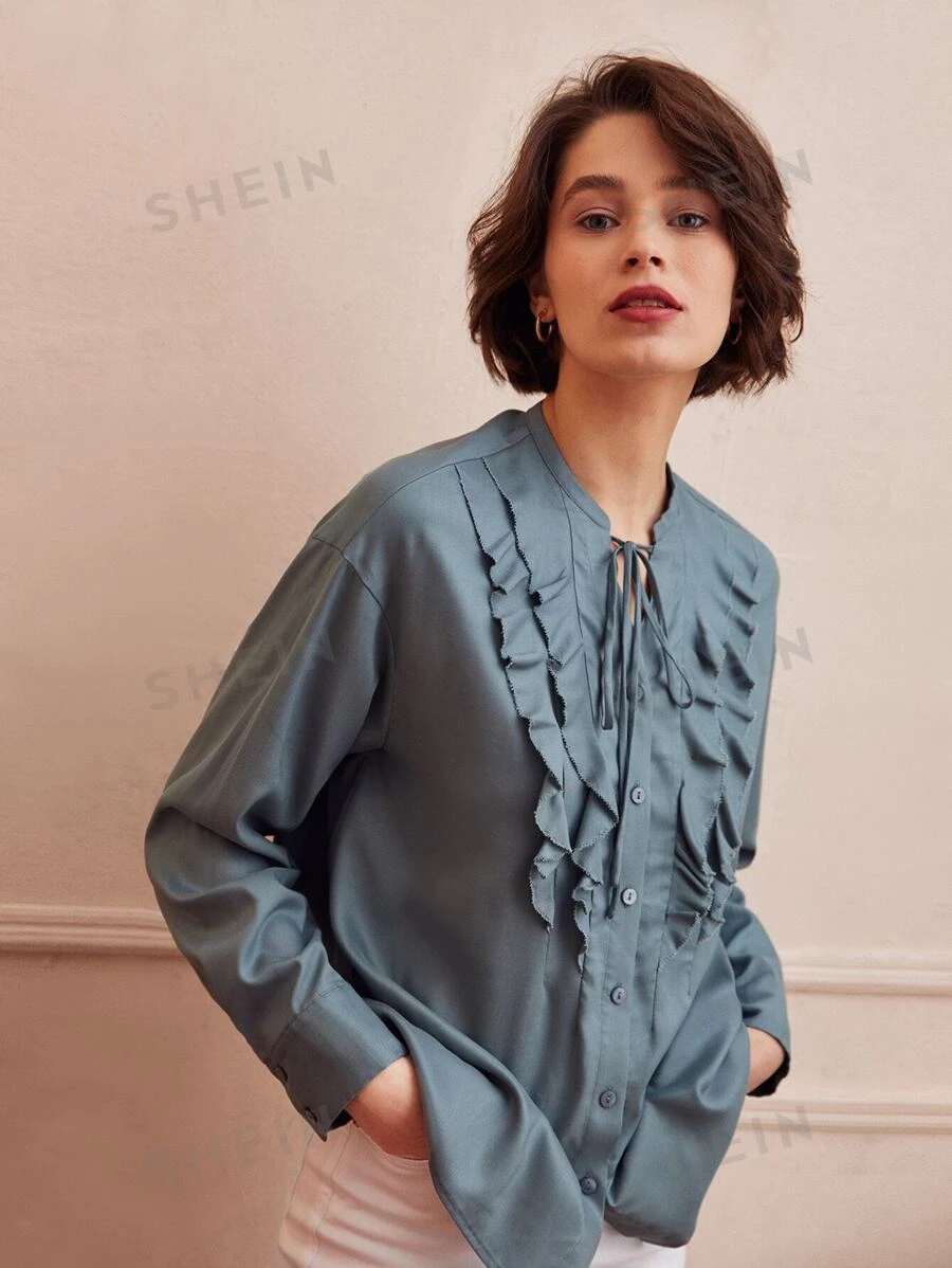 SHEIN Unity Blusa lyocell ribete con fruncido - Neblina azul - Ver 1