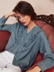 SHEIN Unity Lyocell Ruffle Trim Blouse - Dusty Blue - View 3