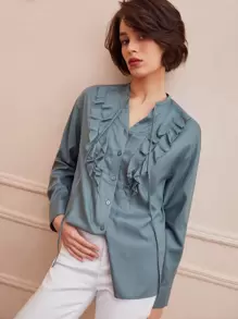 SHEIN Unity Lyocell Ruffle Trim Blouse - Dusty Blue - View 4