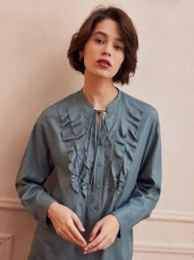 SHEIN Unity Lyocell Ruffle Trim Blouse - Dusty Blue - View 5