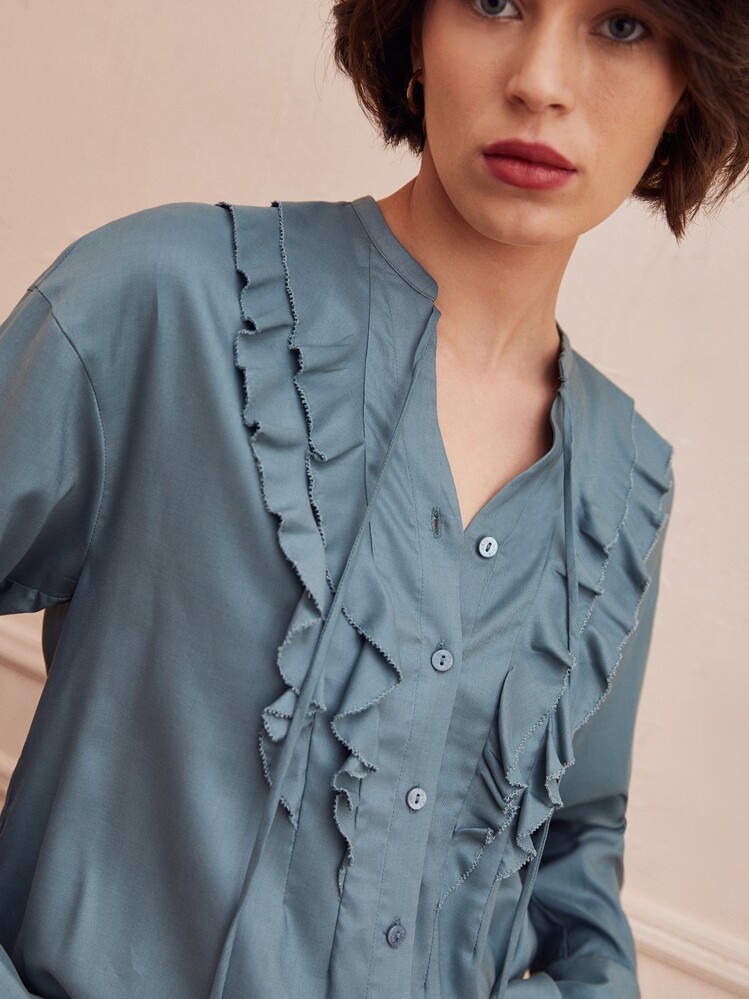 SHEIN Unity Lyocell Ruffle Trim Blouse - Dusty Blue - View 6
