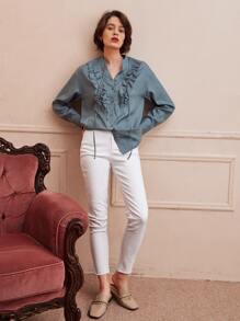 SHEIN Unity Lyocell Ruffle Trim Blouse - Dusty Blue - View 8